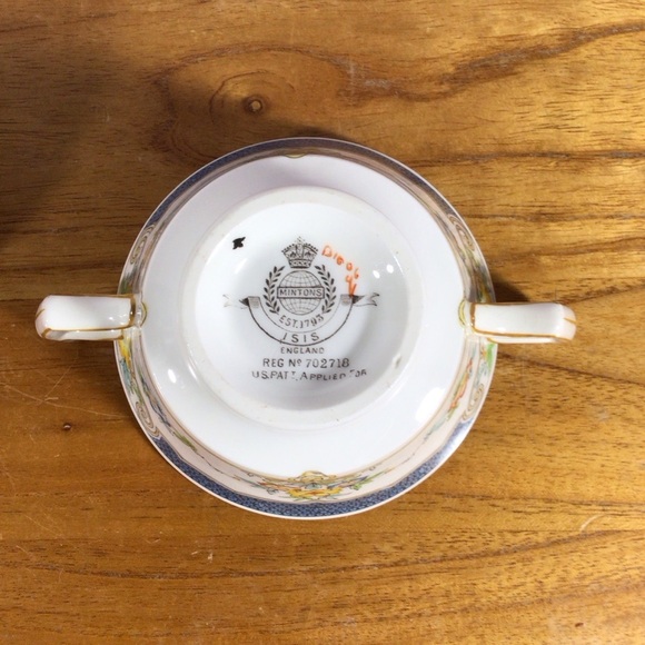 Vintage Minton Isis Blue Double Handled Footed Soup Bowl and Saucer Set - Picture 9 of 9